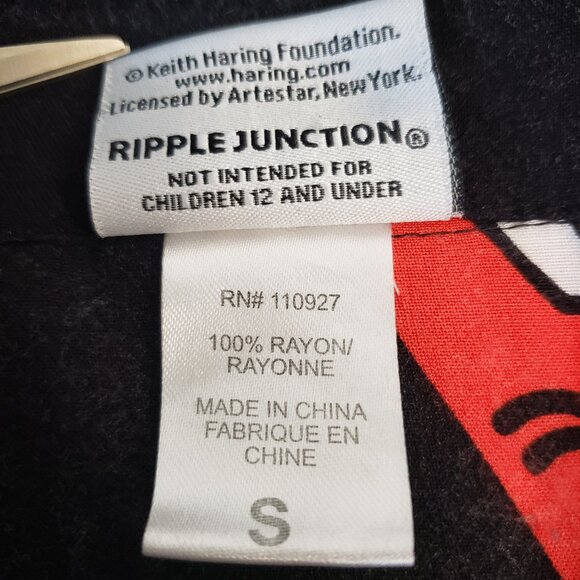 Keith Haring Ripple Junction Red Heart Smile Print on Black Button Up Shirt - Picture 6 of 15